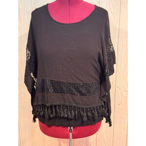 Multiples Black Lace Trim Fringe Blouse Top Size Large